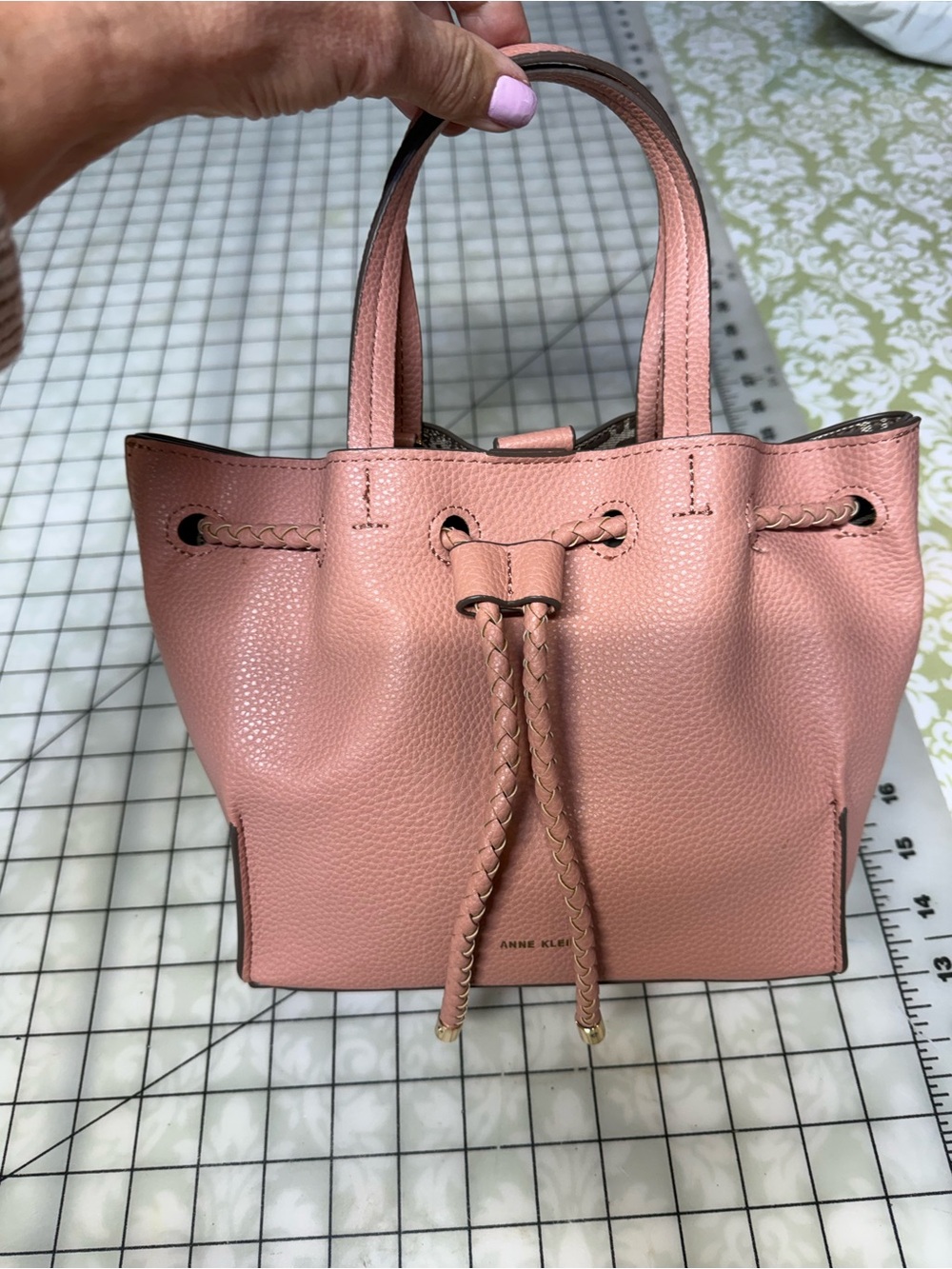 Anne Klein Rose Pink Drawstring Pebbled Leather Mini Tote